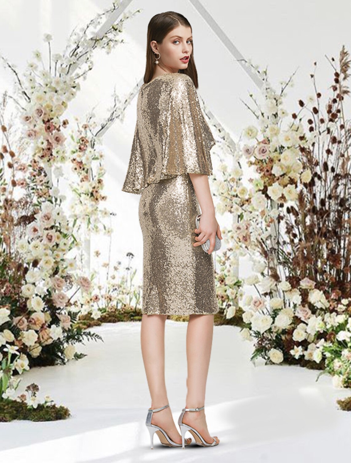 Vestidos de cóctel de corte tubo/columna, vestido brillante, graduación, largo hasta la rodilla, media manga, cuello en V, lentejuelas, elegante