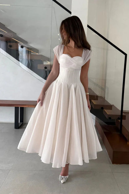 Midi Evening Dresses with Square Neck Tulle Cap Sleeve Corset Bodice and Flared Tulle Skirt