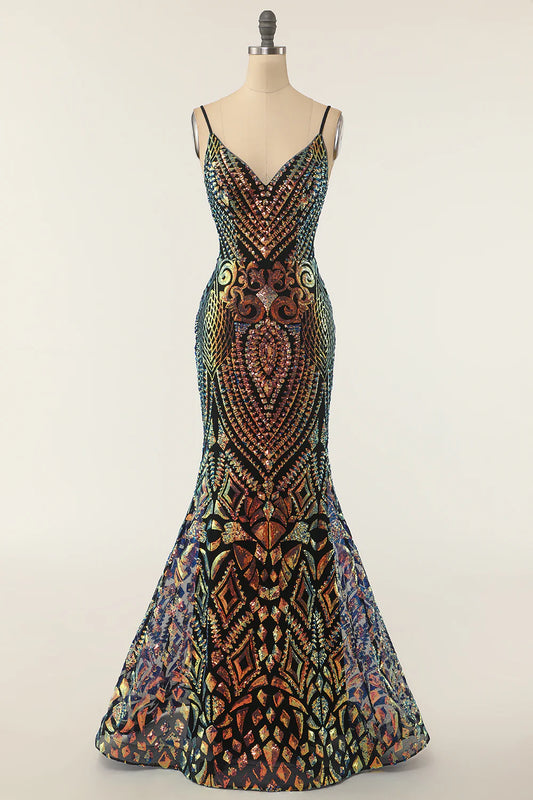 Vestido de fiesta de sirena negro con lentejuelas