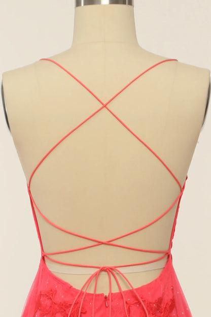 Vestido de fiesta largo coral sin espalda y con apliques 