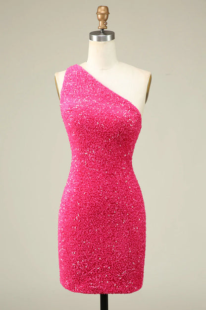 Amzcw Classy Fuchsia One Shoulder Sequins Tight Homecoming Dress