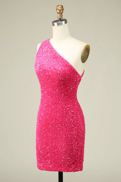 Amzcw Classy Fuchsia One Shoulder Sequins Tight Homecoming Dress