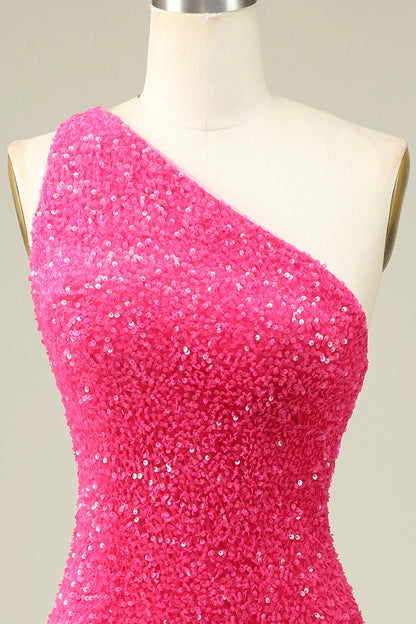 Amzcw Classy Fuchsia One Shoulder Sequins Tight Homecoming Dress