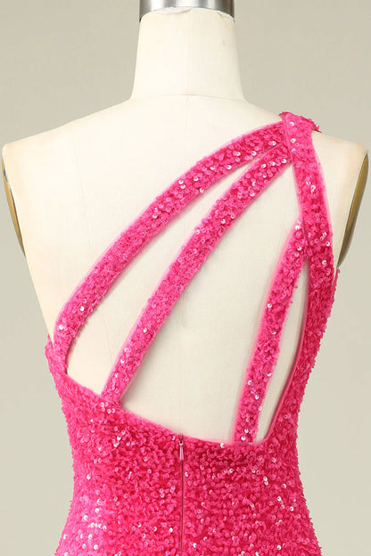 Amzcw Classy Fuchsia One Shoulder Sequins Tight Homecoming Dress