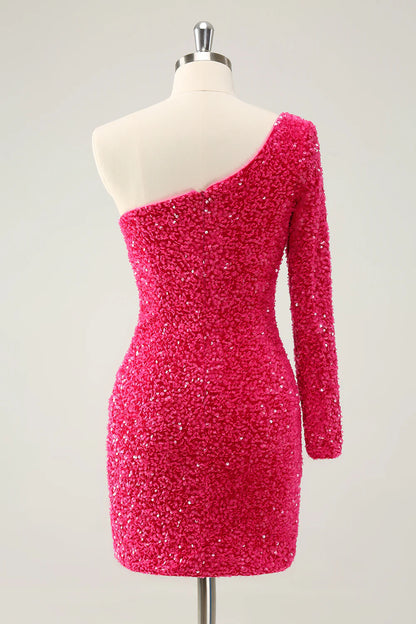 Amzcw Sparkly Hot Pink Bodycon One Shoulder Long Sleeve Short Homecoming Dress with Slit
