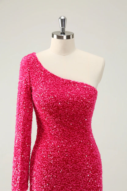 Amzcw Sparkly Hot Pink Bodycon One Shoulder Long Sleeve Short Homecoming Dress with Slit