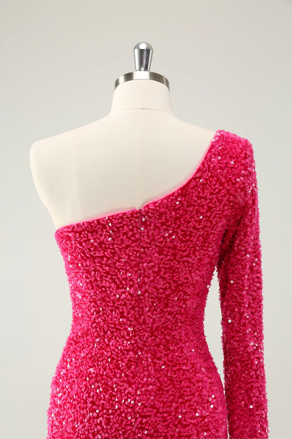 Amzcw Sparkly Hot Pink Bodycon One Shoulder Long Sleeve Short Homecoming Dress with Slit