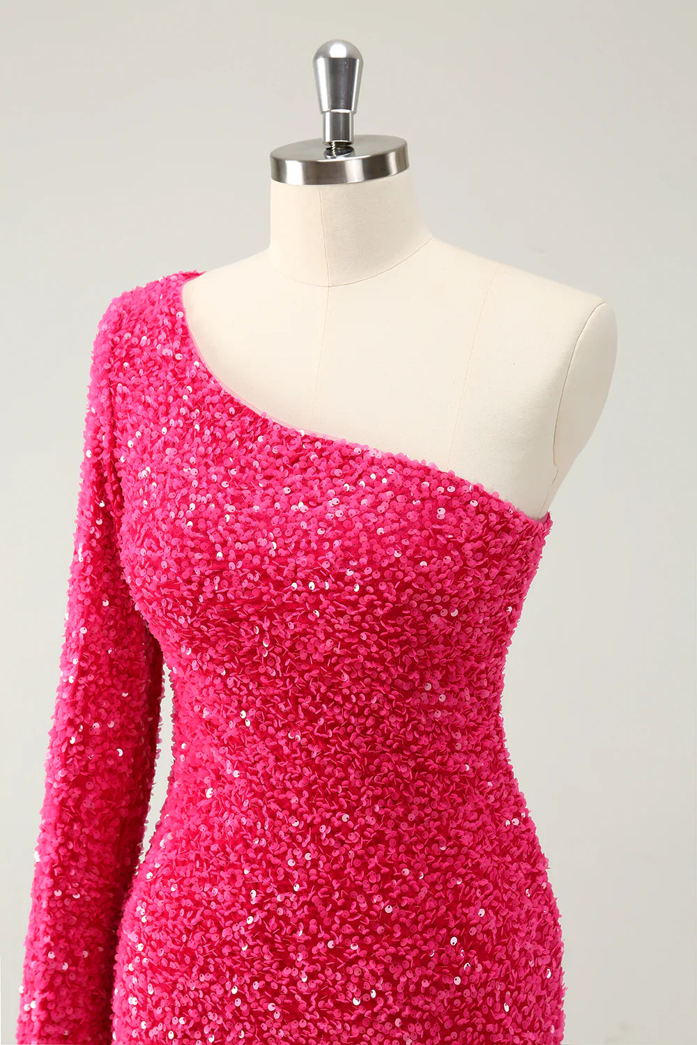 Amzcw Sparkly Hot Pink Bodycon One Shoulder Long Sleeve Short Homecoming Dress with Slit