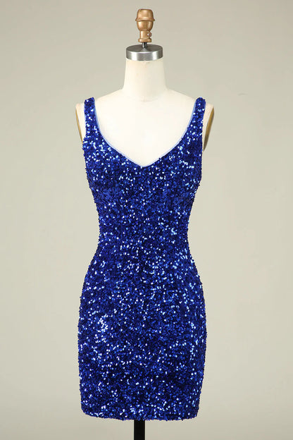 Amzcw Classy Royal Blue Sheath V Neck Sequin Fitted Short Homecoming Dress