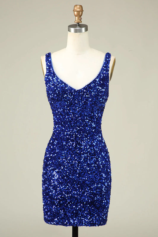 Amzcw Classy Royal Blue Sheath V Neck Sequin Fitted Short Homecoming Dress