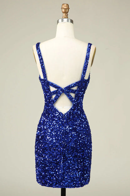 Amzcw Classy Royal Blue Sheath V Neck Sequin Fitted Short Homecoming Dress