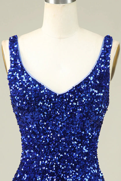 Amzcw Classy Royal Blue Sheath V Neck Sequin Fitted Short Homecoming Dress
