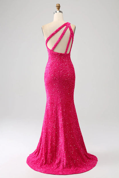 Amzcw Sparkly Fuchsia Mermaid One Shoulder Sequins Prom Dress with Slit long sleeve long dresses prom