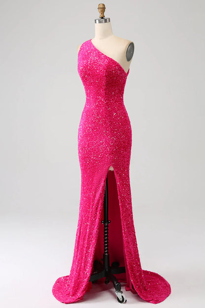 Amzcw Sparkly Fuchsia Mermaid One Shoulder Sequins Prom Dress with Slit long sleeve long dresses prom