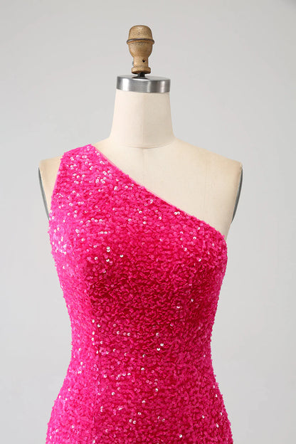 Amzcw Sparkly Fuchsia Mermaid One Shoulder Sequins Prom Dress with Slit long sleeve long dresses prom