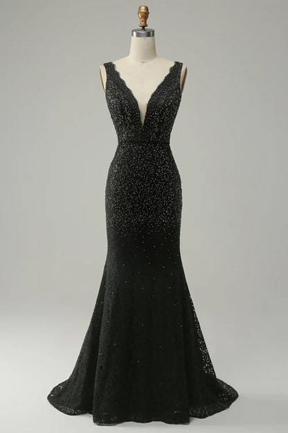 Vestido de fiesta largo de sirena con escote en V profundo y encaje negro con cuentas 