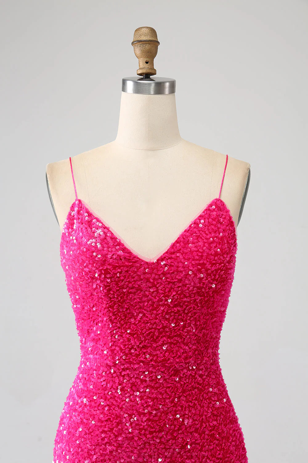 Amzcw Fuchsia Mermaid Spaghetti Straps V-Neck Sequin Long Prom Dress With Split