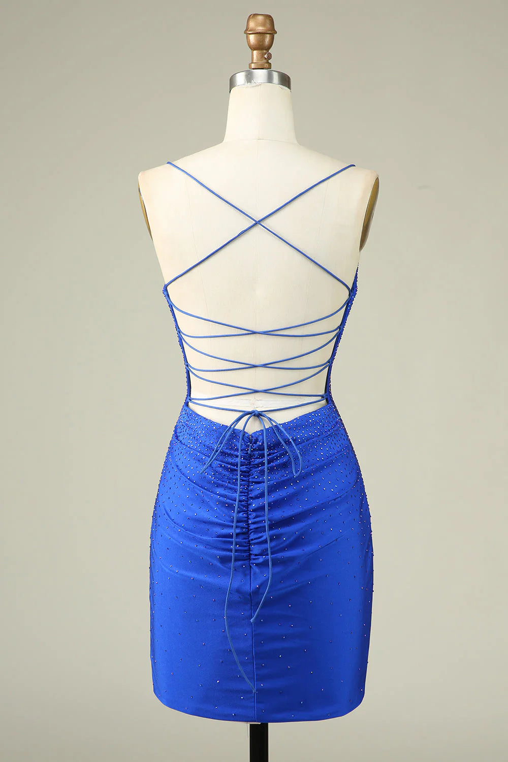 Amzcw Royal Blue Bodycon Spaghetti Straps Pleated Short Homecoming Dress With Beading