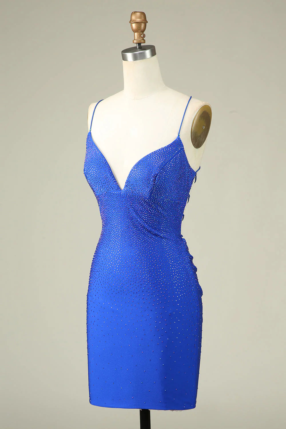 Amzcw Royal Blue Bodycon Spaghetti Straps Pleated Short Homecoming Dress With Beading