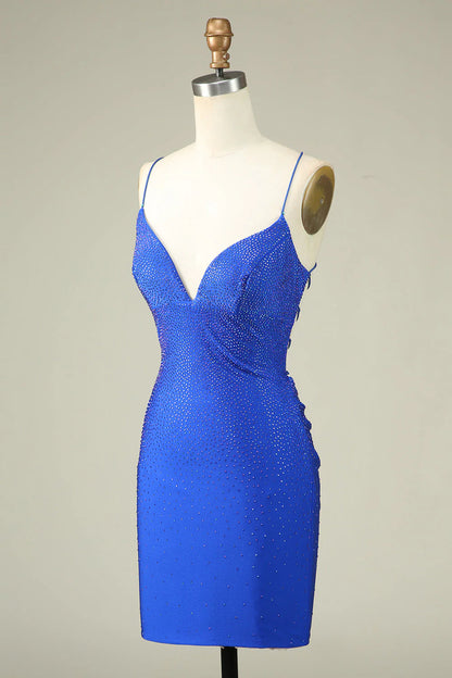 Amzcw Royal Blue Bodycon Spaghetti Straps Pleated Short Homecoming Dress With Beading
