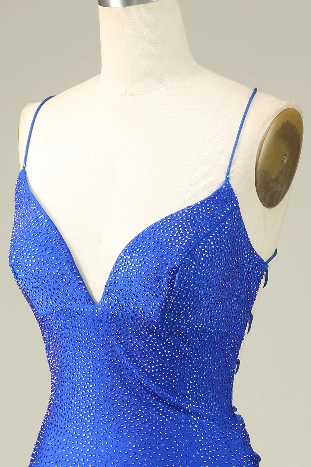 Amzcw Royal Blue Bodycon Spaghetti Straps Pleated Short Homecoming Dress With Beading