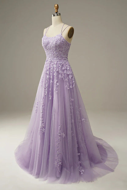 Amzcw Purple A-Line Spaghetti Straps Tulle Prom Dress with Appliques