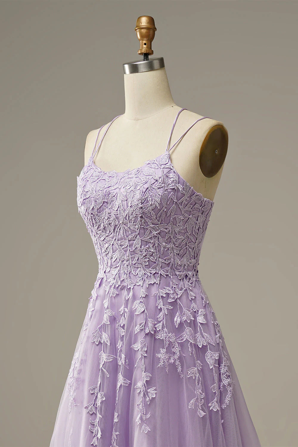 Amzcw Purple A-Line Spaghetti Straps Tulle Prom Dress with Appliques