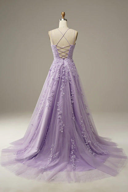 Amzcw Purple A-Line Spaghetti Straps Tulle Prom Dress with Appliques