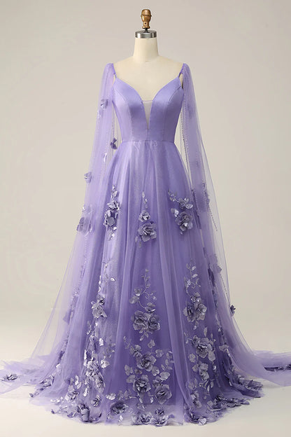 Vestido de fiesta morado con cola Watteau y flores 3D 