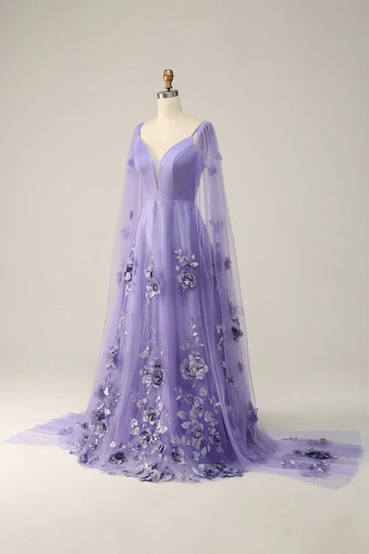 Vestido de fiesta morado con cola Watteau y flores 3D 