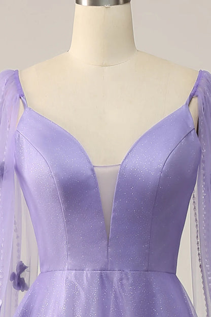 Vestido de fiesta morado con cola Watteau y flores 3D 