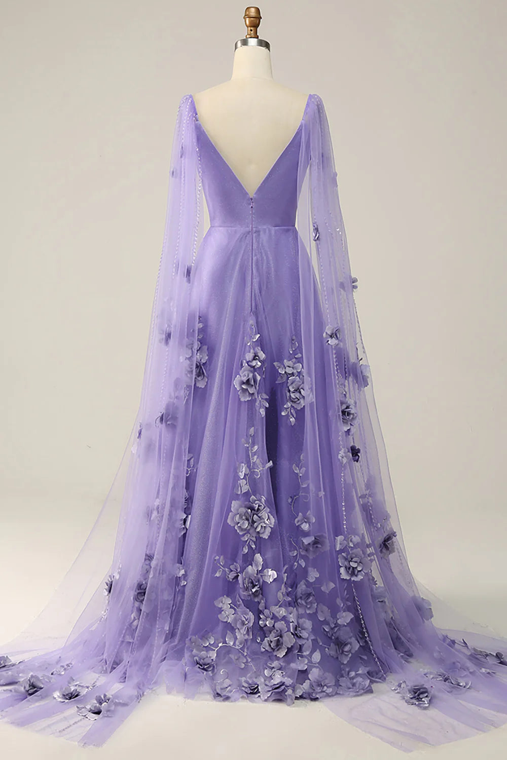 Vestido de fiesta morado con cola Watteau y flores 3D 