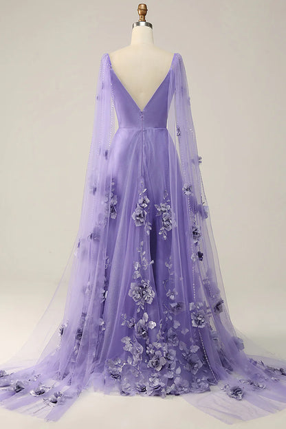 Vestido de fiesta morado con cola Watteau y flores 3D 