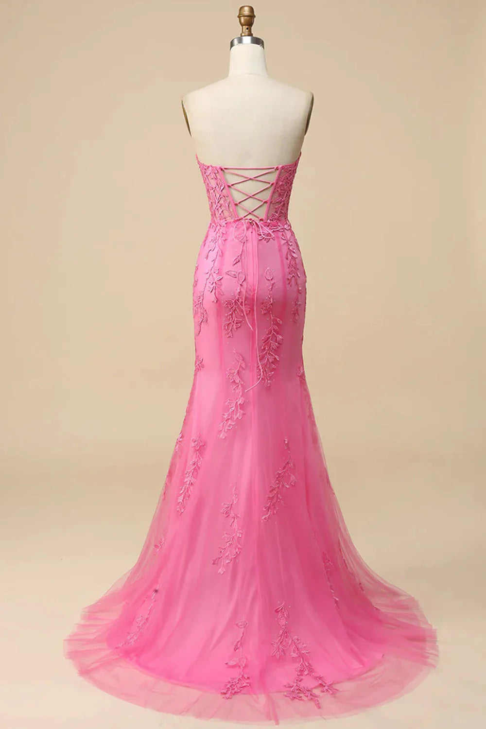 Amzcw Pink Mermaid Sweetheart Lace Corset Long Prom Dress with Slit