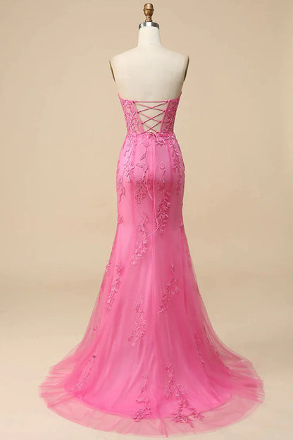 Amzcw Pink Mermaid Sweetheart Lace Corset Long Prom Dress with Slit