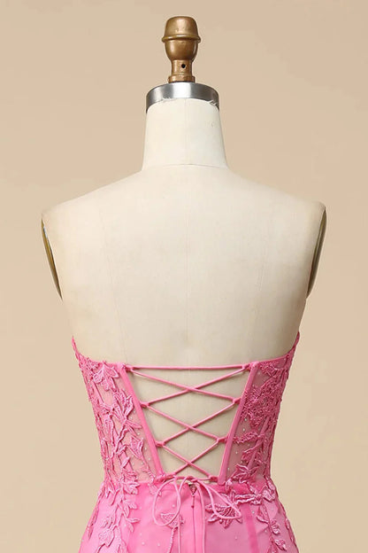 Amzcw Pink Mermaid Sweetheart Lace Corset Long Prom Dress with Slit