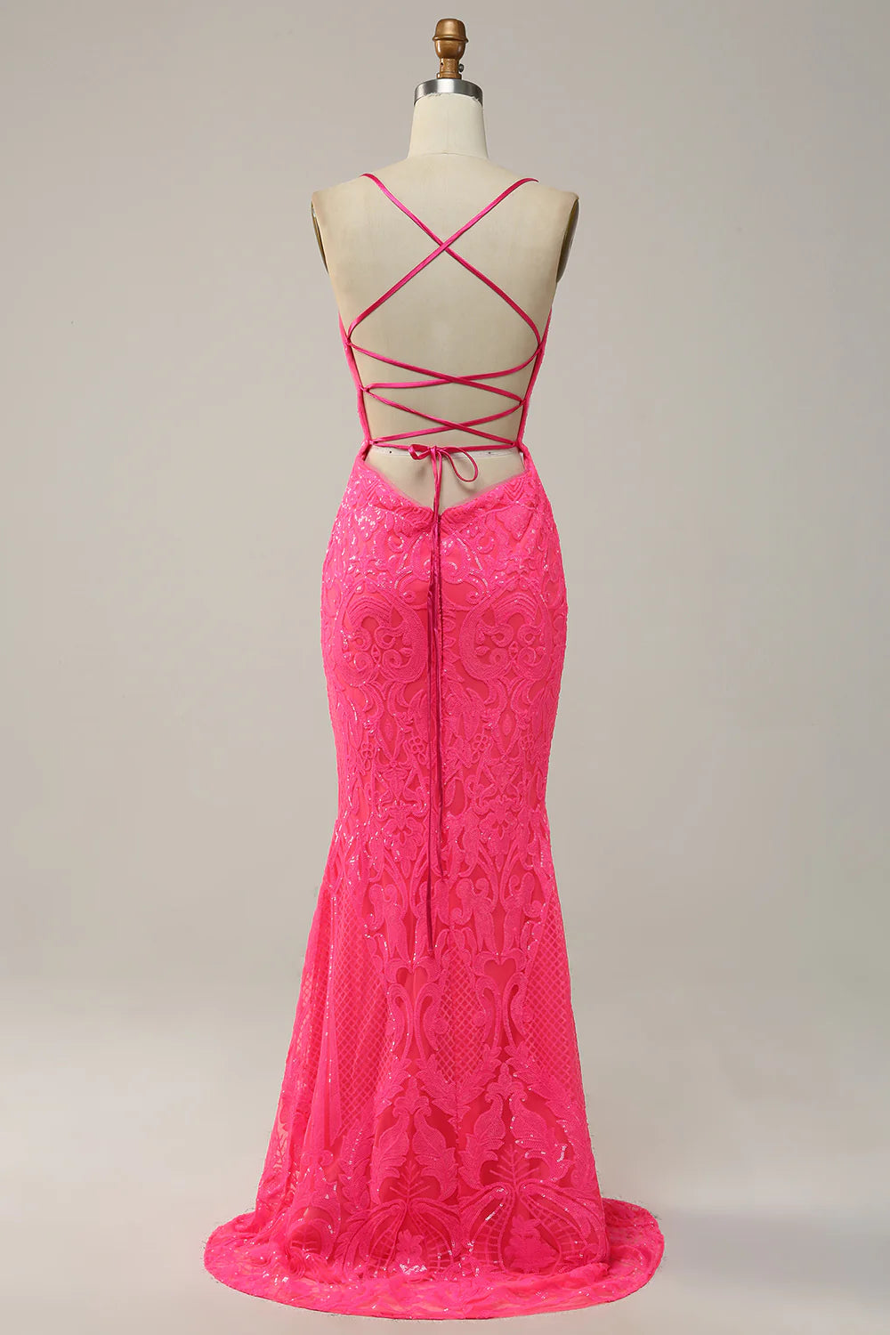 Vestido de fiesta largo rosa intenso con lentejuelas y tirantes finos de sirena 