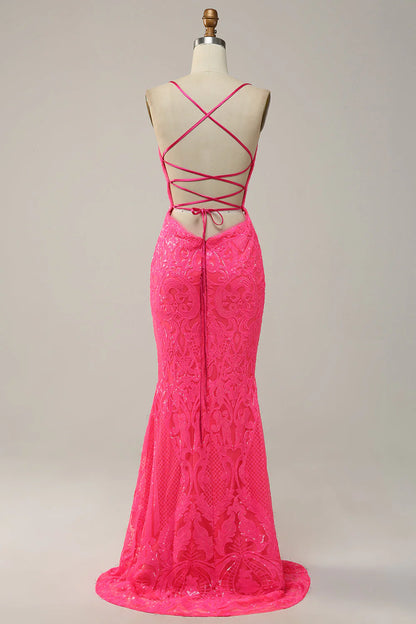 Amzcw Hot Pink Mermaid Spaghetti Straps Sequins Long Prom Dress with Criss Cross Back prom dresses with long sleeves