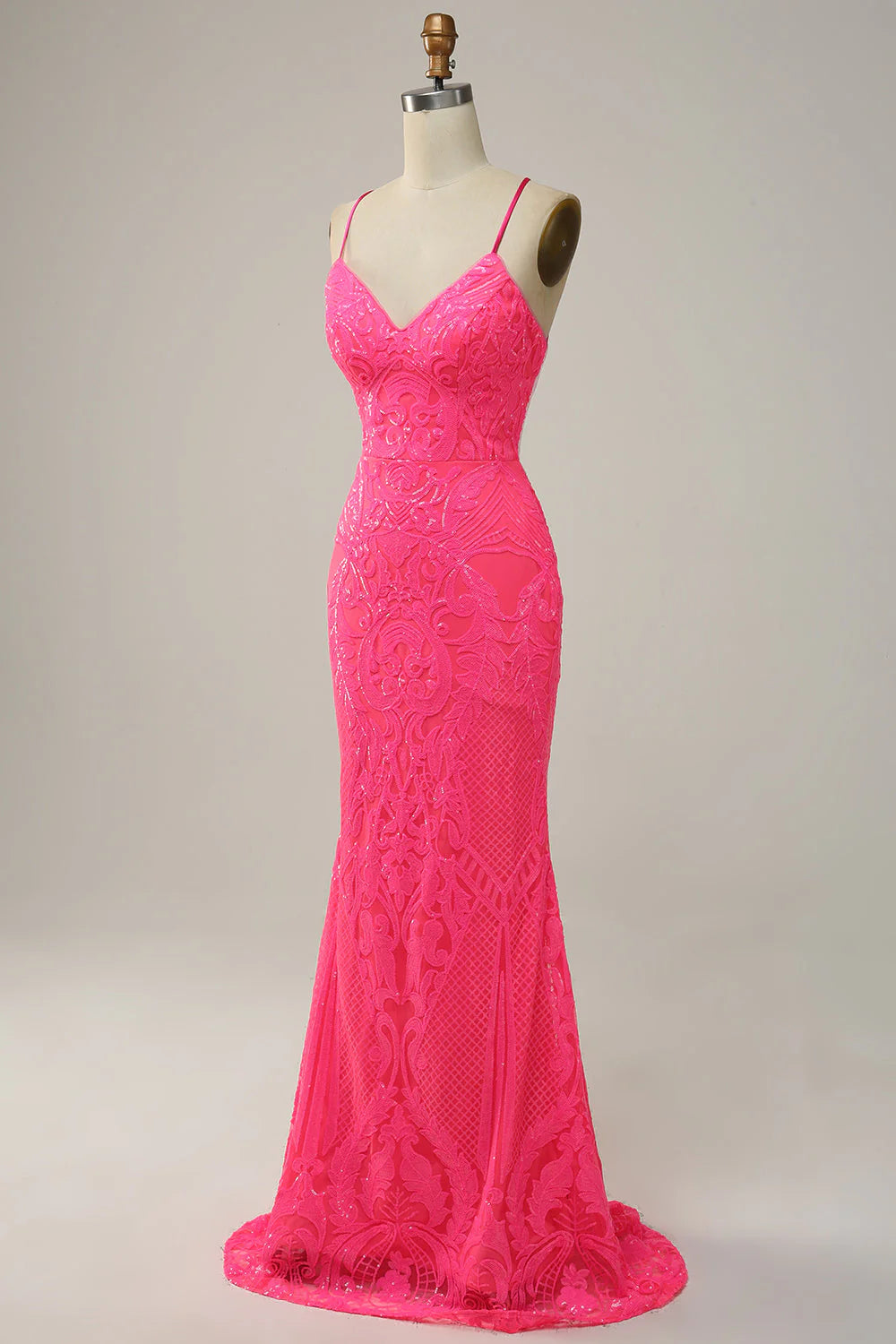 Amzcw Hot Pink Mermaid Spaghetti Straps Sequins Long Prom Dress with Criss Cross Back prom dresses with long sleeves