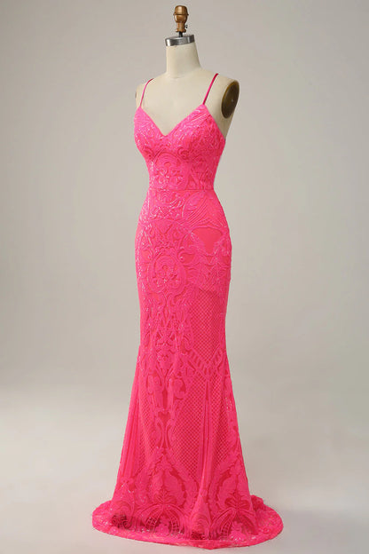 Amzcw Hot Pink Mermaid Spaghetti Straps Sequins Long Prom Dress with Criss Cross Back prom dresses with long sleeves