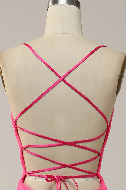 Vestido de fiesta largo rosa intenso con lentejuelas y tirantes finos de sirena 