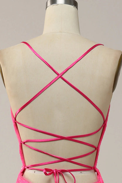 Amzcw Hot Pink Mermaid Spaghetti Straps Sequins Long Prom Dress with Criss Cross Back prom dresses with long sleeves