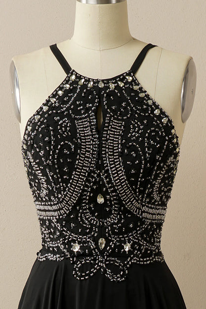 Vestido de fiesta con espalda descubierta y cuentas estilo halter 