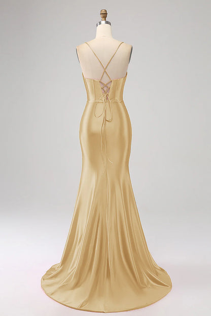 Amzcw Stunning Gold Mermaid Spaghetti Straps Corset Prom Dress with Split Front prom dresses shops