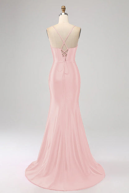 Amzcw Stunning Blush Pink Mermaid Spaghetti Straps Corset Prom Dress with Split Front prom dresses shops
