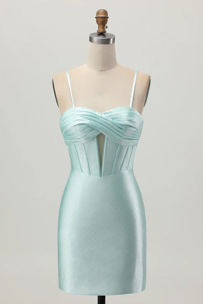 Fashion Short Dress Sparkly Light Green Satin Sheath Spaghetti Strap Sweetheart Neckline Sleeveless Pleated Knot Hollow-Out with Rhinestone Backless Hot Sale Homecoming Dress