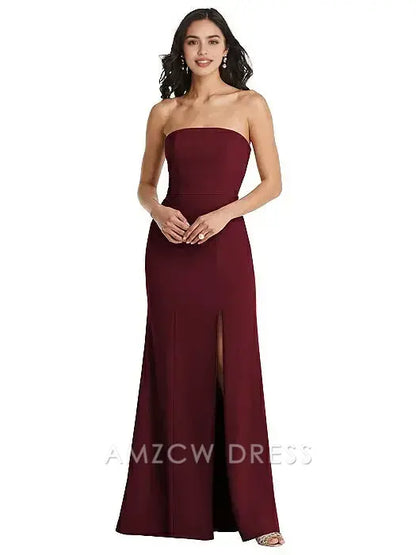 Amzcw - Elegante vestido burdeos sin tirantes, corte tubo, corte maxi, vestido de noche, vestidos formales 