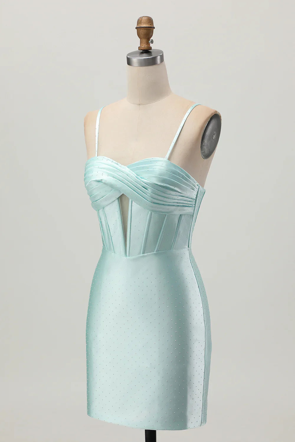 Fashion Short Dress Sparkly Light Green Satin Sheath Spaghetti Strap Sweetheart Neckline Sleeveless Pleated Knot Hollow-Out with Rhinestone Backless Hot Sale Homecoming Dress