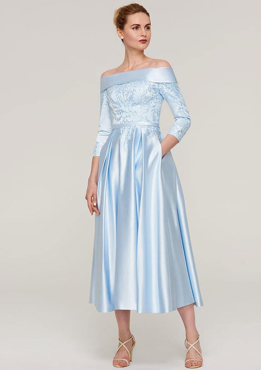 Wedding Guest Dresses Exquisite Sky Blue Satin A-line Off-the-Shoulder 3/4 Sleeve With Lace Appliqued Sashes Ruched Tea-Length Hot Sale Mother of the Bride Dress