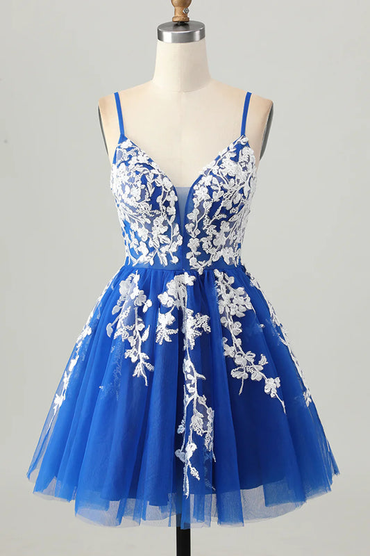 Elegant Short Dress Royal Blue Tulle A Line Spaghetti Strap V Neck Sleeveless with Lace Appliques Ruched Backless Hot Sale Homecoming Dress